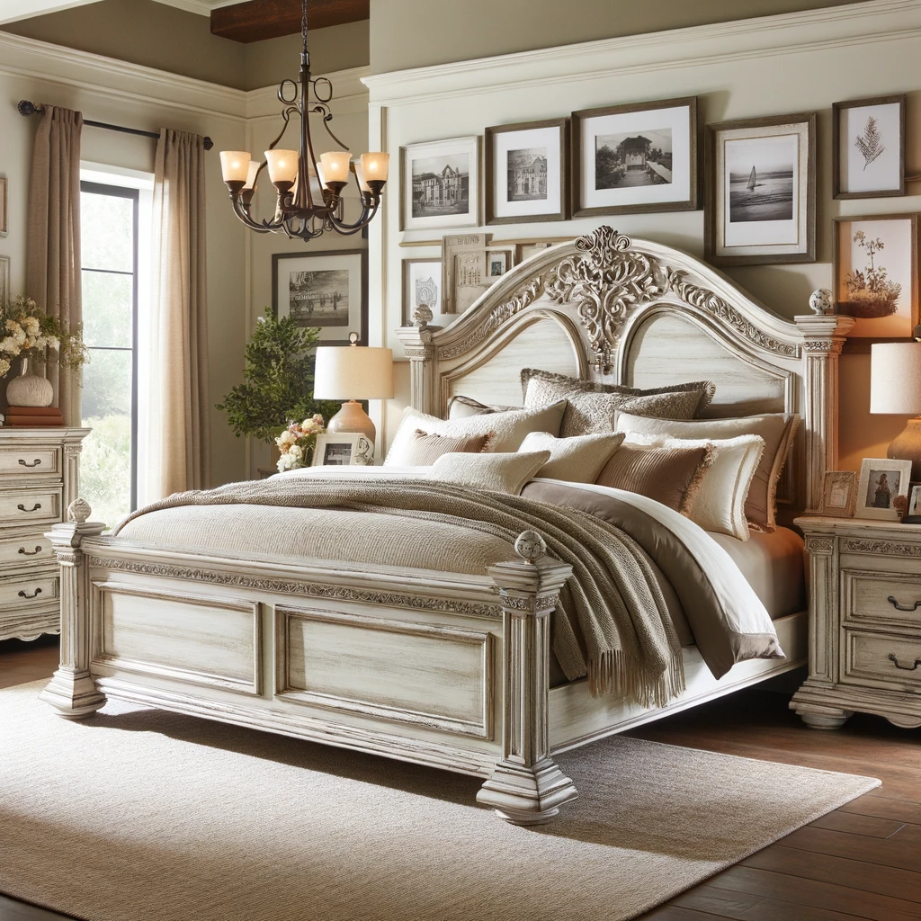 A beautifully styled bedroom featuring an Ashley Realyn king panel bed set with a distressed white finish, ornate detailing, and vintage charm. The room is decorated with neutral-toned bedding and personal touches like photos and artwork.