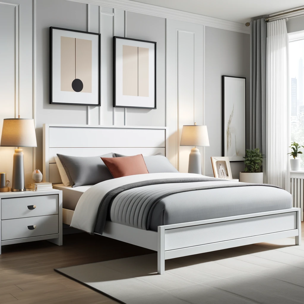 A modern bedroom showcasing the Ashley Brashland king panel bed set with clean lines, white textured finish, and minimalist design. The room is decorated with bold colors and stylish bedside lamps.