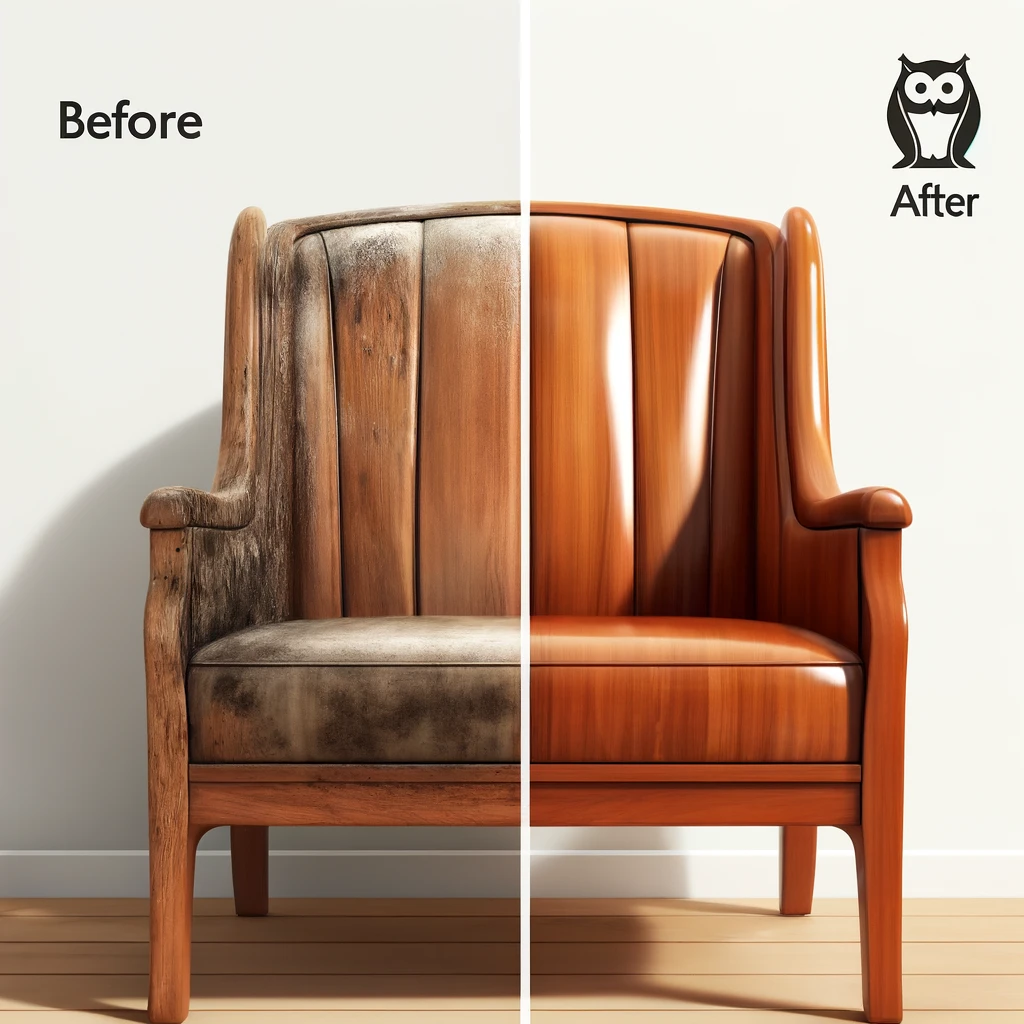 Image of a wooden furniture piece before and after application of Wise Owl Furniture Salve.