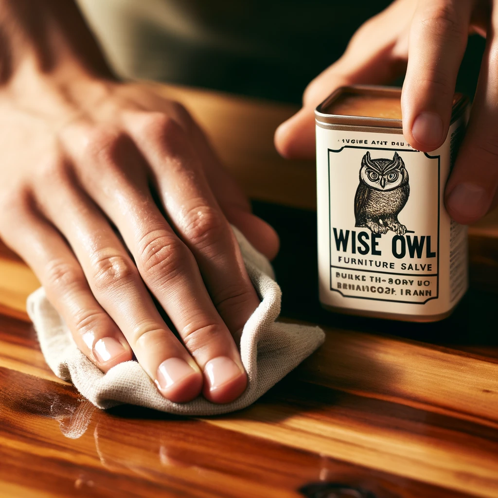 Close-up of hands applying Wise Owl Furniture Salve with a cloth on a wooden surface.